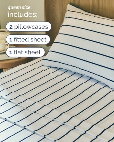 Queen 4 Piece Striped Sheet Set - Soft, Breathable & Cooling - Navy Stripe