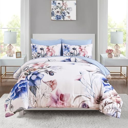 Luxudecor Floral Comforter Set Full Size 7 Piece, Blue Flower Bed in a Bag, Elegant Floral Comforter with Sheet Set, Soft Microfiber Bedding Set for All Season (Blue, 80"x90")