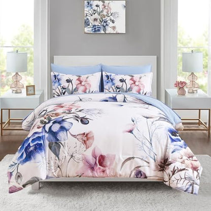 Luxudecor Floral Comforter Set Full Size 7 Piece, Blue Flower Bed in a Bag, Elegant Floral Comforter with Sheet Set, Soft Microfiber Bedding Set for All Season (Blue, 80"x90")
