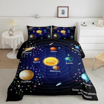Erosebridal Kids Outer Space Comforter Set, Boys Starry Sky Galaxy Duvet Sets Queen Size Planet Space Down Comforter for Girls Teens Adult Bedroom Decor, Solar System Cosmos Bedding Set, Blue Purple
