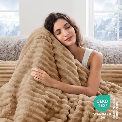 Sasttie Fluffy Full Comforter Set, 3 PC Soft Fleece Bedding, Light Brown
