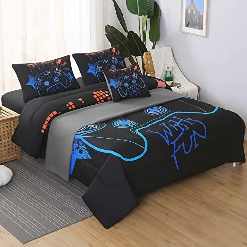 JQinHome Queen Gaming Comforter Sets for Boys,6 Piece Bed in A Bag 3D Video Game Bedding All Season Soft Microfiber Gamer Bedding Sets for Kids, Pillowcase, Flat Sheet, Fitted Sheet,Cushion Cover
