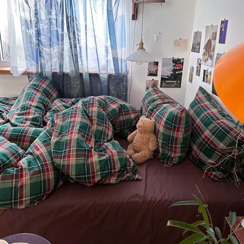 mixinni Vintage Green Buffalo Plaid Washed Cotton Duvet Cover Twin - Soft Breathable Textured Bedding Set with Zipper Closure for All Seasons-1 Duvet Cover + 2 Pillow Shams-Twin Size