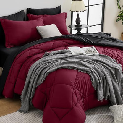 HEVUMYI 7-Piece King Comforter Set, Red & Black Bed in a Bag
