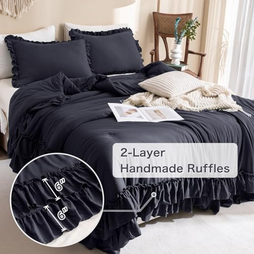 Masaca Shabby Comforter Set Queen,Farmhouse Rustic Boho Bedding Ruffled Comforter Set,Vintage Dark Grey Ruffle Comforter for Queen Bed Fluffy Aesthetic French Country Bedding 3 Pieces