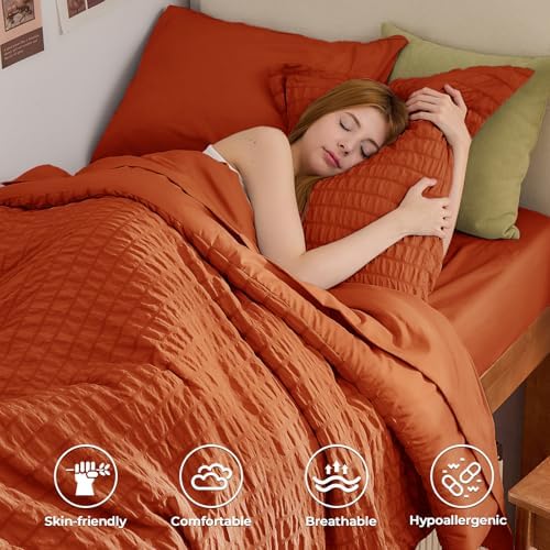 HYMOKEGE Burnt Orange Twin XL Comforter Set Seersucker 5 Pieces, All Season Luxury Bed in a Bag for Bedroom, Bedding Set with Comforter, Sheets, Pillowcase & Sham
