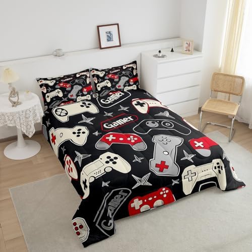 Kids Gamer Comforter Set King Size,Gaming Duvet Insert for Boys Teens Adults Room Decor,Video Games Controller Colorful Buttons Bedding Set 3Pcs,Hand Drawn Stars Gamepad Quilt Set,2 Pillowcases