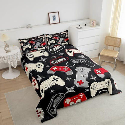 Kids Gamer Comforter Set Queen Size,Gaming Bedding Set for Boys Teens Adults Room Decor,Video Games Controller Colorful Buttons Duvet Insert 3Pcs,Hand Drawn Stars Gamepad Quilt Set,2 Pillowcases