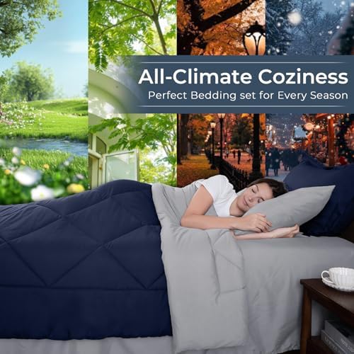 HEVUMYI 7-Piece King Comforter Set, Navy Blue & Grey Bed in a Bag