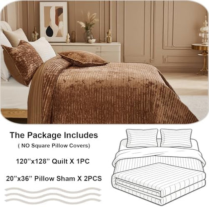 Oversized King Bedspread 120x128 Striped Soft Velvet Quilt Set
