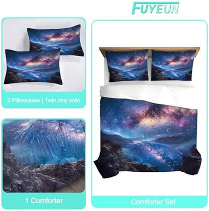 Galaxy Comforter Set King Size Space Bedding for Boys Teen Girls Stars Moon Mountain Planet Stars Moon Bedroom Decor Quilt Bed Sets, 1 Comforter 2 Pillowcases