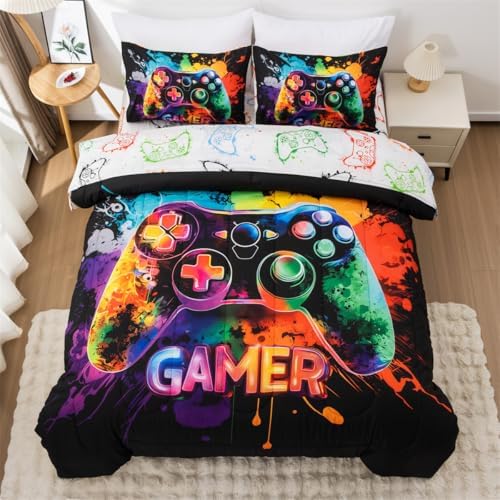 NTBED Game Console Comforter Set for Boys Girls Kids Tie Dye Gaming Lightweight Microfiber Gamer Bedding Sets (Multi, Queen)