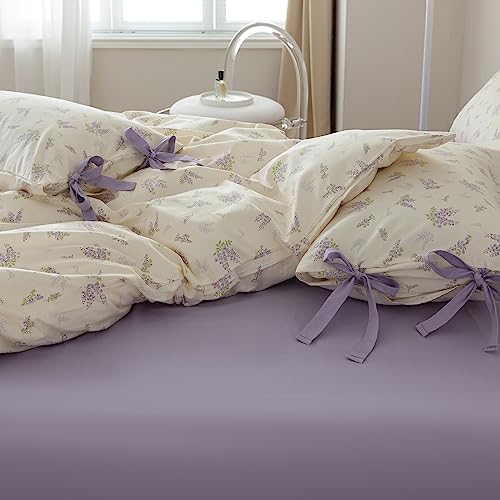 mixinni Lavender Flower Duvet Cover King Cotton Teenage Girls Flower Leaf Print 3pc Soft Cottage Ribbon Bedding Set Comforter Cover with Bowknot Pillowcase Perfect for Girls- (3pcs, King Size)