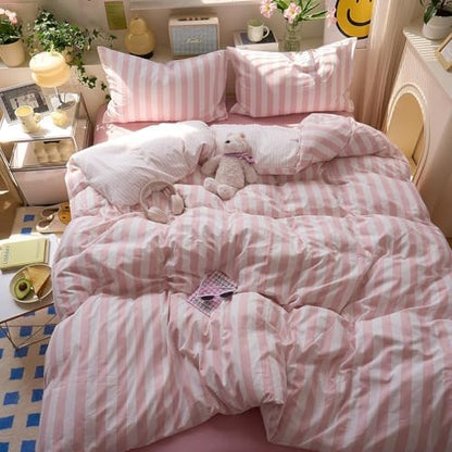 LifeTB Peach Pink Striped Comforter Set Twin XL, 3 Piece Vintage Stripes Pattern Printed Bedding Set, Breathable Soft Farmhouse Striped Bedding Comforter Twin XL, Cozy Lightweight Pink Comforter Set
