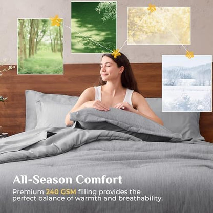 JOLLYVOGUE Grey Queen Comforter Set, Cationic Dyeing Bed in a Bag Queen 7 Pieces, Double-Tone Bedding Set with Down Alternative Comforter, Sheets, Pillowcases & Shams