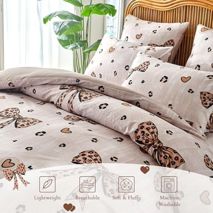 Wajade 7 Piece Cheetah Bow Comforter Set for Girls Kids Full Size Bedding Set with Sheet and 2 Pillowcases 2 Pillow Shams Cute Girls Bed in a Bag as Birthday Choice