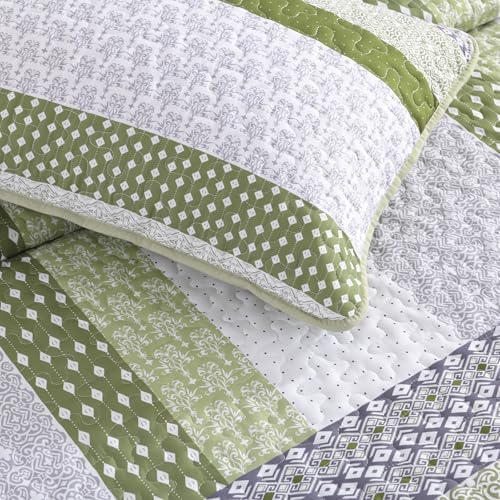WONGS BEDDING Quilt Queen Size Olive Green, Bohemian Stripe Bedspread