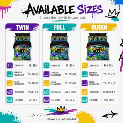 AILONEN Boys Kids Comforter Set Queen,7-Piece Cartoon Hip Hop Skull Bed in a Bag Printed Bedding Set,Colorful Graffiti Soft Comforter & Fitted Sheet & Flat Sheet & 2 Pillowcases,2 Pillow Shams,Black