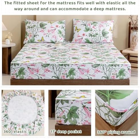 QSH Butterfly Bed Sheets Set Queen Size 100% Egyptian Cotton Sheet Wild Flower Leaves Printed Pattern Bedding Sheets Spring Floral Bedsheets Deep Pockets 4PCs