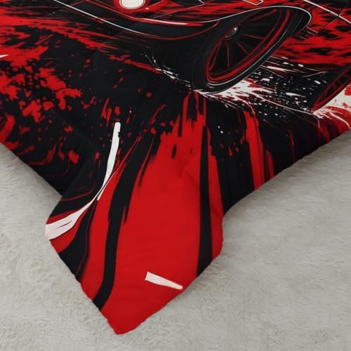 AILONEN Twin Comforter Set 3 Piece, Red Muscle Car Neon City Graphic, Brushed Microfiber Down Alternative Bedding with 2 Pillowcases for Dorm Decor