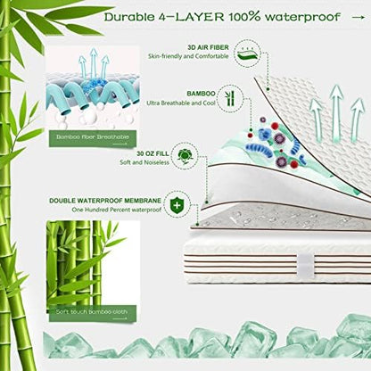 GRT Twin Size Waterproof Mattress Protector Rayon Bamboo - 3D Air Fiber Cooling Mattress Protector Cover, Breathable Mattress Pad Noiseless 8''-21'' Deep Pocket Machine Washable