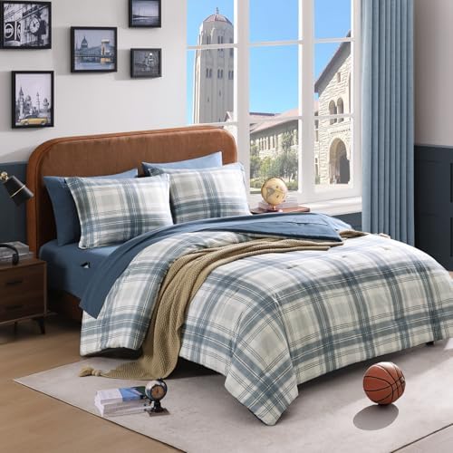 Plaid Full Size Comforter Set Blue Grey 7 Pieces Farmhouse Bed in a Bag
