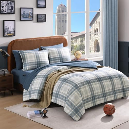 Plaid Full Size Comforter Set Blue Grey 7 Pieces Farmhouse Bed in a Bag