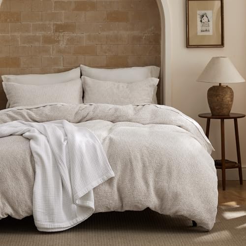 Bedsure PureWoven Space-Dyed Cotton Waffle Duvet Cover Set, King, Linen