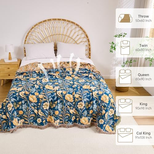 VANJOROY Boho Throw Blanket King, 100% Organic Cotton Breathable Ultra Soft 91" x 98" Bed Quilt Throw - All Season Floral Rustic Farmhouse Decor Reversible Blanket for Sofa Couch Chair and Gift