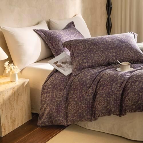 Full Duvet Cover Set Purple Green Floral Duvet Cover Exquisite Jacquard Flower Bedding Set Boho Medallion Vintage Floral Comforter Cover Linen Cotton Yarn-Dyed Textured Duvet Cover with Zipper Ties