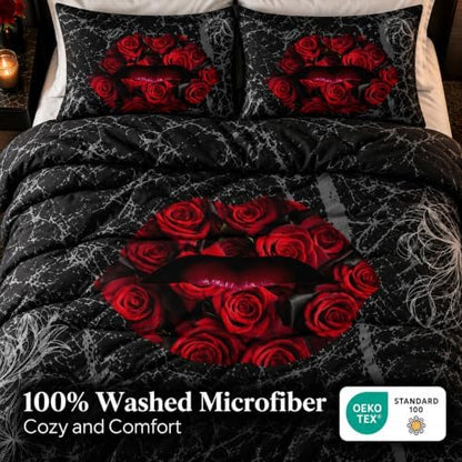 CCoutueChen Gothic Rose Lip Comforter Set Queen, Black Grey Marble Bedding