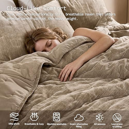 WDCOZY Cloud Soft Queen Size Quilt Set, Beige Tan Taupe Chenille Velvet