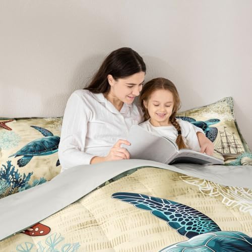 Erosebridal Turtle Bedding Teal Turtle Comforter Set Turquoise Ocean Themed Mediterranean Style Printed Design Ocean Turtle Down Comforter Quilted Duvet Set Full Size 1 Comforter 2 Pillowcases