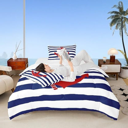 Castle Fairy Kids Nautical Anchor Comforter Set Full Size,Navy Blue Stripes Bedding Sets 3pcs Ocean Adventure Theme Quilted Duvet for Teens Men Bedroom Decoration,Modern with 2 Pillowcases