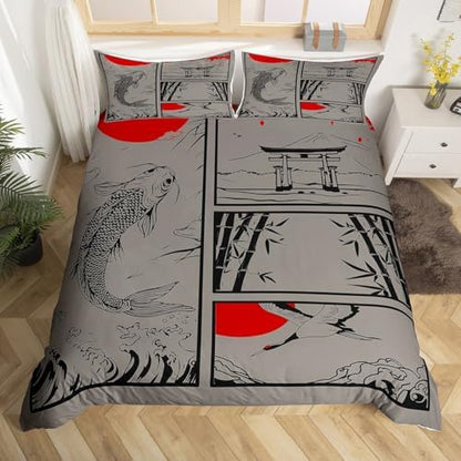 Feelyou Kids Japanese Koi Fish Duvet Cover Twin Size Japanese Wave Crane Bedding Set Boys Girls Fuji Mountain Bamboo Sunset Comforter Cover Set Japan Tokyo Japanese-Style Bedspread Cover（No Comforter