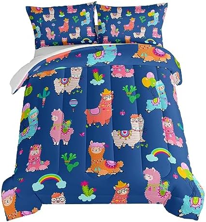 HOSIMA Kids Cute Llama Bed in a Bag King Size Comforter Set,Cartoon Rainbow Alpaca Comforter with 2 Pillowcases,Animal Bedding Sets for Children Room Decor,Blue Toddler Bedding Set for Boys Girls.
