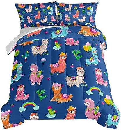 HOSIMA Kids Cute Llama Bed in a Bag King Size Comforter Set,Cartoon Rainbow Alpaca Comforter with 2 Pillowcases,Animal Bedding Sets for Children Room Decor,Blue Toddler Bedding Set for Boys Girls.