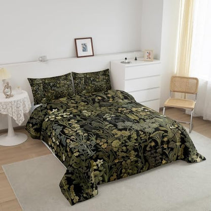 Retro Botanical Comforter Set Queen Size,Dark Green Leaves Bedding Set 3Pcs for Kids Teens Adult Room Decor,Tropical Fern Plants Quilted Duvet Rustic Farmhouse Style Down Comforter,2 Pillowcases