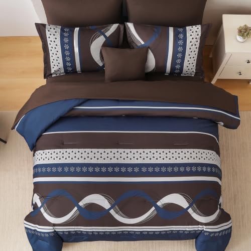 Blue Brown Comforter Set King Size,8 Pieces Patchwork Striped Bed in a Bag