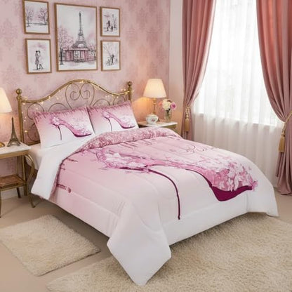 High Heels Feminine Comforter Set Queen Size,Butterfly Romantic Bedding Set 3pcs for Kids Girls Women Room Decor,Pink Gradient Glitter Quilt Set,Valentine's Day Duvet Insert,2 Pillowcases