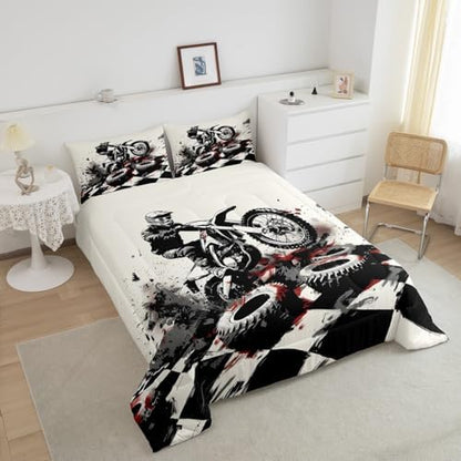 Feelyou Dirt Bike Comforter Set King Size Motorbike Bedding Set Ultra Soft Racing Motocross Rider Comforter for Kids Boys Girls Extreme Sports Duvet Quilt Bedroom Decor Cool Quilt