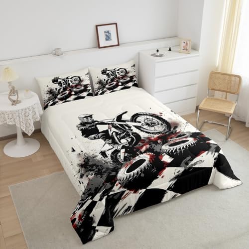 Feelyou Dirt Bike Comforter Set Toddler Size Motorbike Bedding Set Ultra Soft Racing Motocross Rider Comforter for Kids Boys Girls Extreme Sports Duvet Quilt Bedroom Decor Cool Quilt
