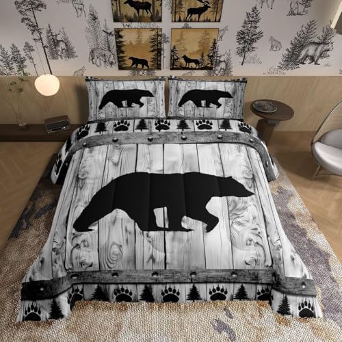 Bear Comforter Set King Size,Rustic Farmhouse Wood Cabin Bedding Set,Wildlife Hunting Quilt Set for Kids Boys Girls Teens Room Decor,Grey Black Pine Trees Pattern Duvet Insert,2 Pillowcases