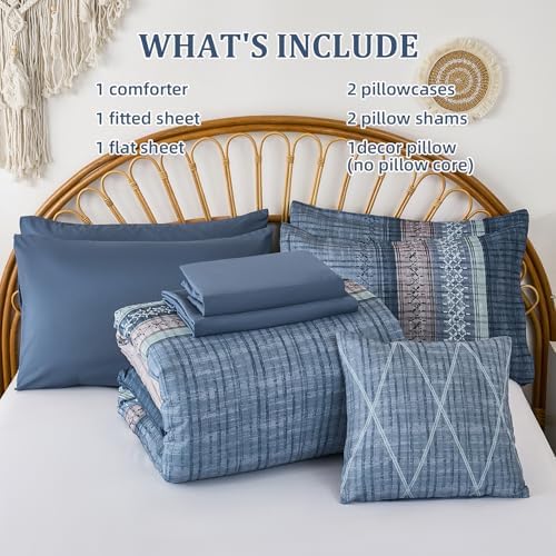 Dintszyayue Blue Comforter Set Queen Size, 8 Pieces Boho Striped Bed in a Bag Soft Microfiber Bedding Set for All Season