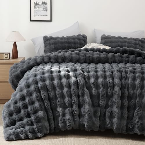 YIKUSH Twin Faux Fur Comforter Set, Fluffy Dark Gray Rabbit Fur Comforter