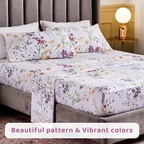 QSH 100% Egyptian Cotton Sheets Full Size Set, Yellow Flowers Plant Pattern Botanical Luxury Cotton Printed Bedding Floral Full Bed Sheets Extra Soft and Breathable 4pcs Deep Pockets Sheets
