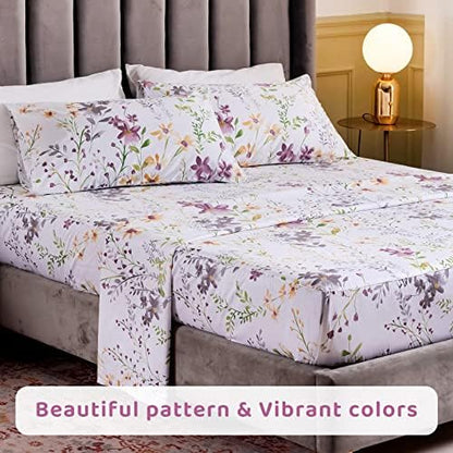 QSH 100% Egyptian Cotton Sheets Full Size Set, Yellow Flowers Plant Pattern Botanical Luxury Cotton Printed Bedding Floral Full Bed Sheets Extra Soft and Breathable 4pcs Deep Pockets Sheets