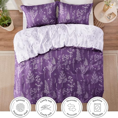 Love's cabin Dark Purple Full Comforter Set - Full Size Comforter Set, 3 Pieces Cute Floral Bedding Sets for All Seasons,1 Soft Reversible Botanical Flowers Comforter and 2 Pillow Shams