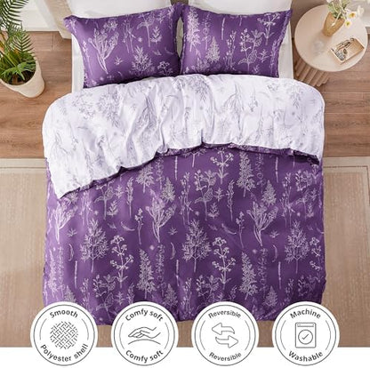 Love's cabin Dark Purple Twin Comforter Set - Twin XL Size Comforter Set Dorm Bedding, 2 Pieces Cute Floral Bedding, Soft Reversible Flowers Comforter, 1 Comforter & 1 Pillow Sham
