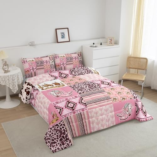 Feelyou Pink Aztec Bedding Set Queen Size, Kids Western Decor Comforter Set Wild West Cowboy Cowgirl Comforter Boho Style Duvet Insert Bed Set 3Pcs